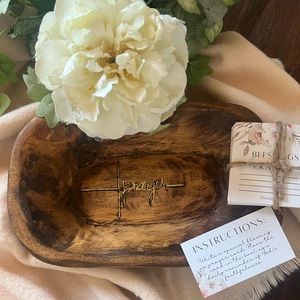 Posh Your Rocks Hand-Carved Prayer Bowl with Burnt Cross and Prayer in Gold